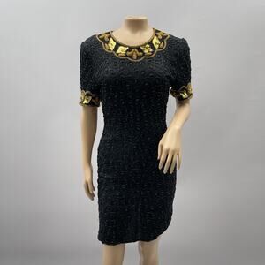 Night Vogue Vtg 90s Dress Women S Black Beaded Silk Cocktail Gold Evening